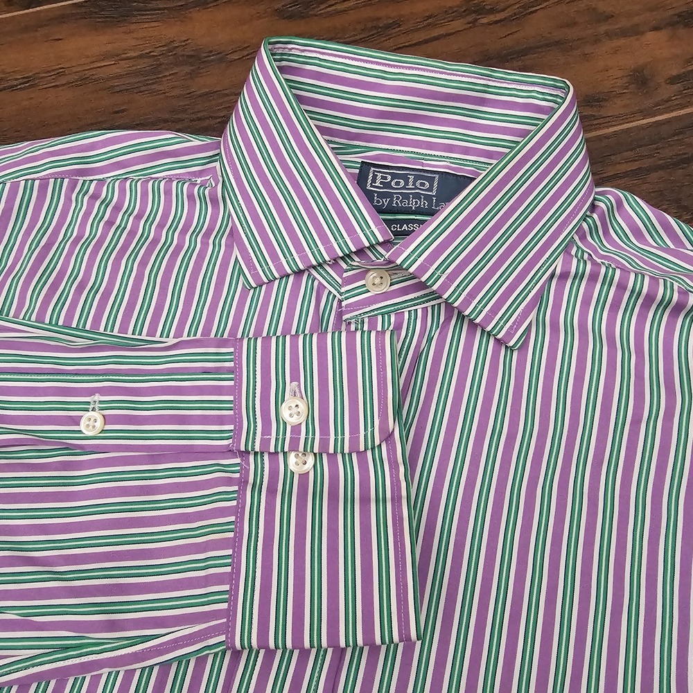 Polo Ralph Lauren Mens 15 32/33 Purple Green Striped Button Up Shirt Classic Fit